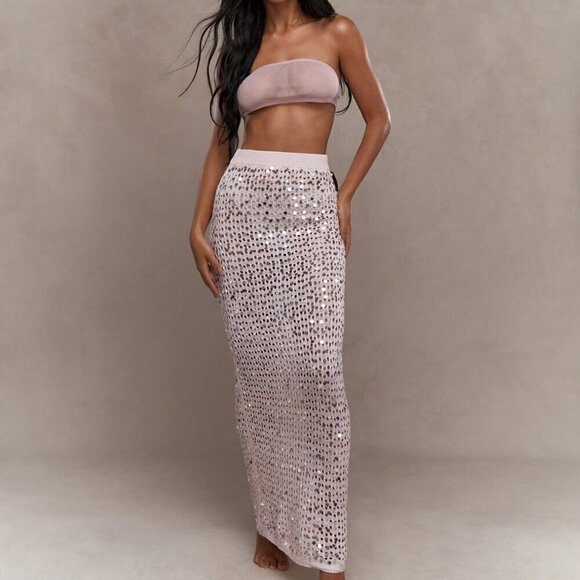 Dresses & Skirts - Baby Pink Casual Women's Mesh Crochet Sequin Embellish Maxi Skirt